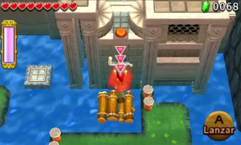 Links stacked in a Totem against the dam wall, with a grey switch on the water beside them