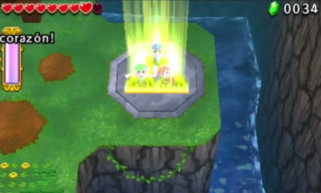 The Triforce Gateway on a stone platform with a bright green light beam rising from it
