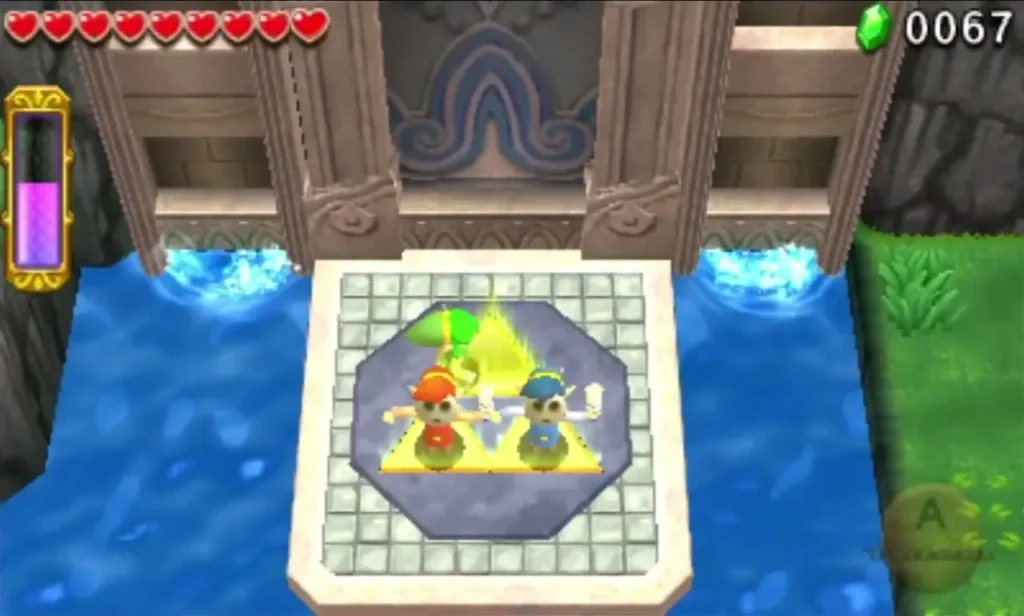 Three Links on the octagonal Triforce platform beside a wooden gate above the water