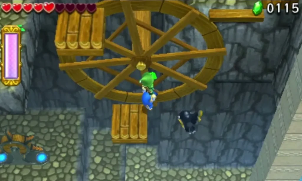 Two Links turning the Water Wheel on a wooden platform in Stage 3