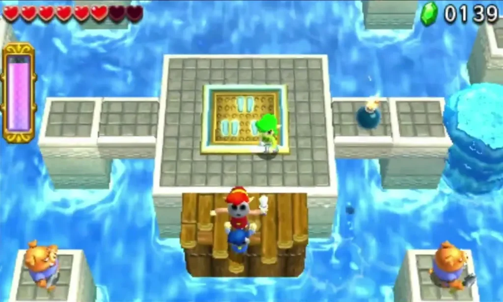 Link stands on a stone platform in the pool with enemies on the corner platforms