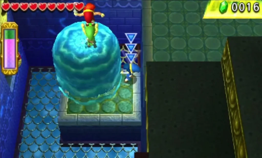 Two Links stacked on a water pillar in the Water Temple Stage 2 room, below the wall Crank
