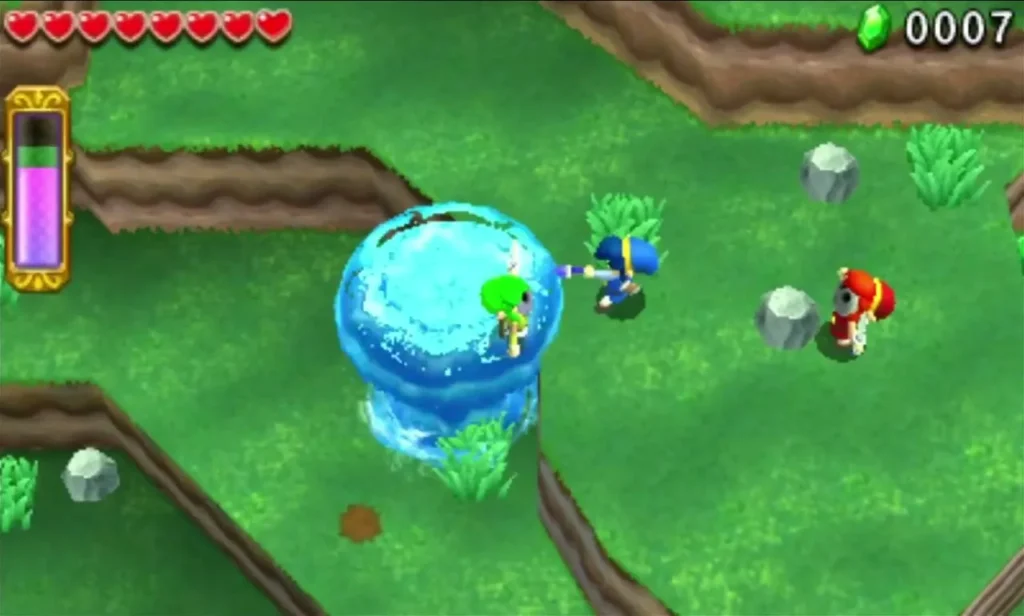 Two Links stand beside Water Rod pillars on a grassy ledge in Secret Fortress