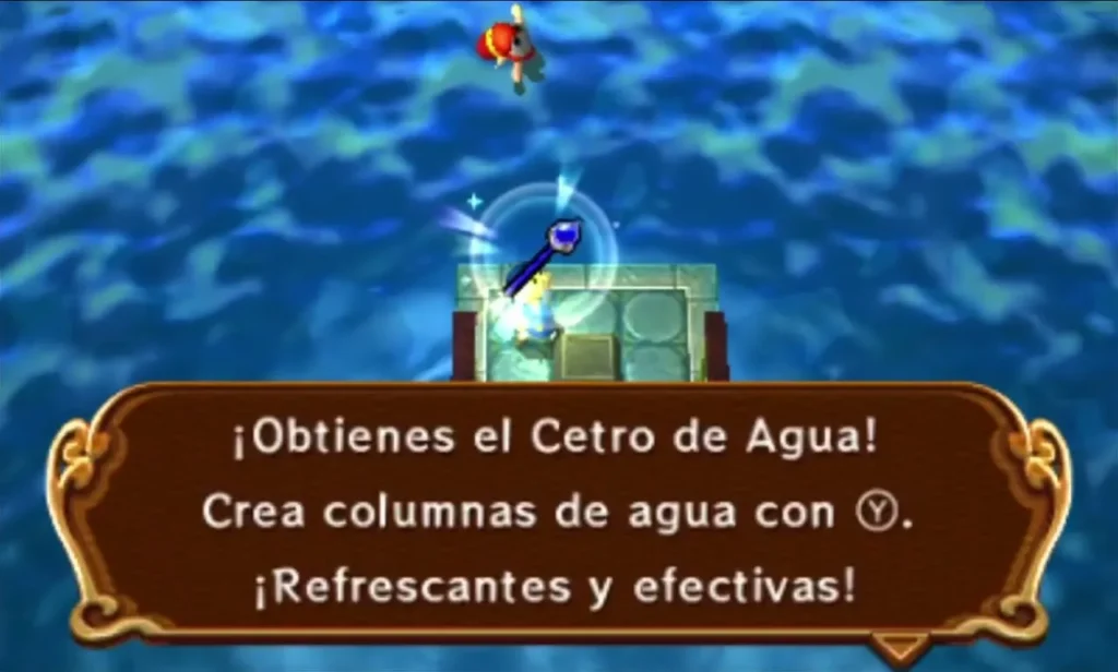Link holds the Water Rod over the pool as its item box explains how it makes water pillars