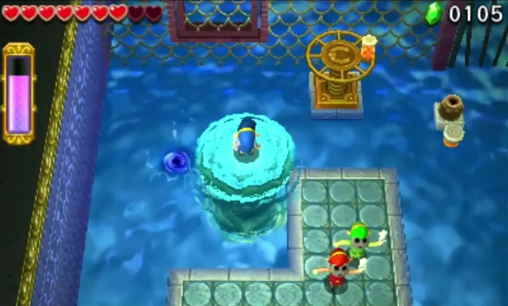Link with the Water Rod on a water pillar near a golden Crank wheel in Water Temple Stage 3