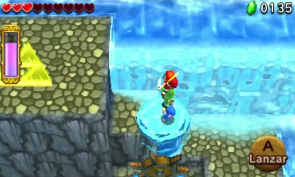 Link on a Water Rod pillar beside a yellow Triforce mark on the cliff in Stage 3