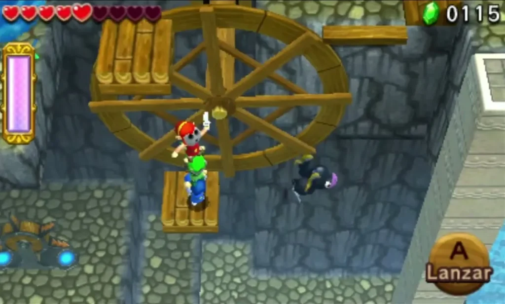 Link on a wooden pulley platform beside the Water Wheel in Stage 3