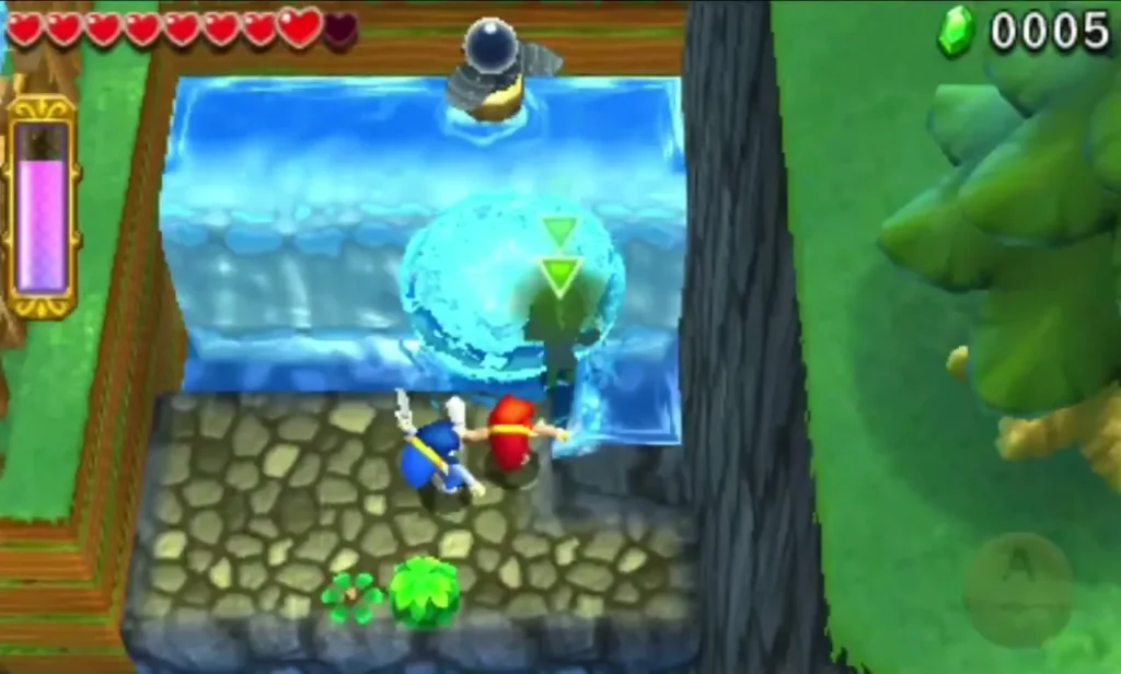 Link beside a waterfall with a Water Rod pillar and a grey switch above the stone shore