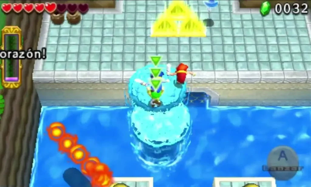 Link stands on a Water Rod pillar in the waterway beside a spinning fire bar