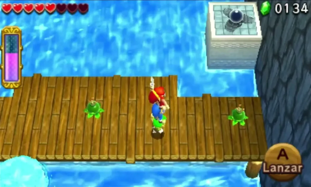 Link walks a wooden dock over the river beside green enemies