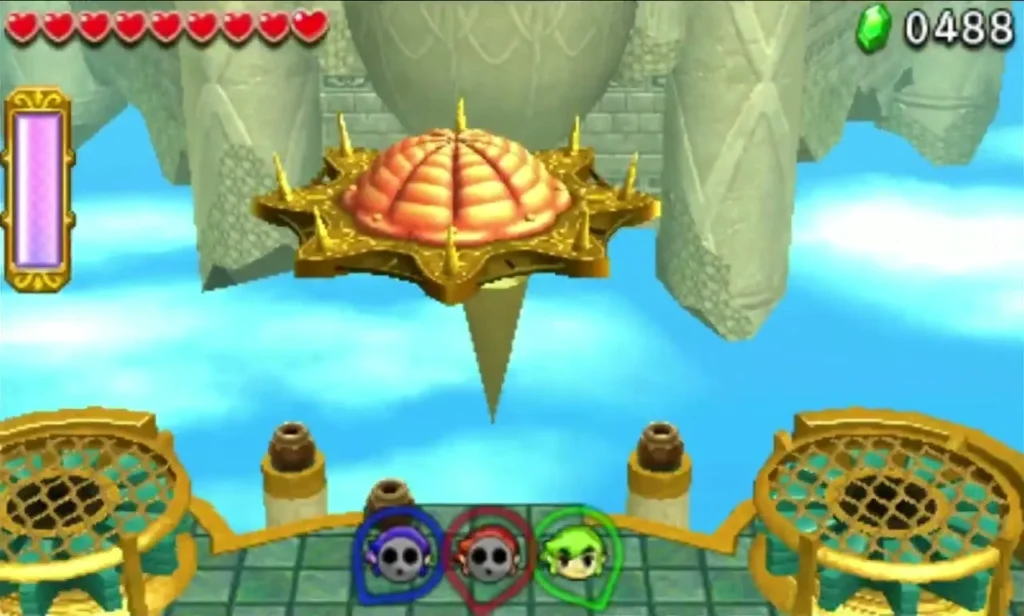 Three Links stand on pillars at the arena edge beneath a spiked golden dome in Deception Castle