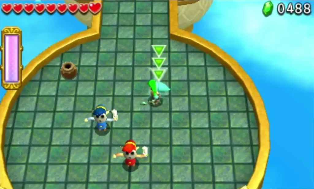 Three Links stand on the round green-tiled arena of Deception Castle stage 4, a green Link in front