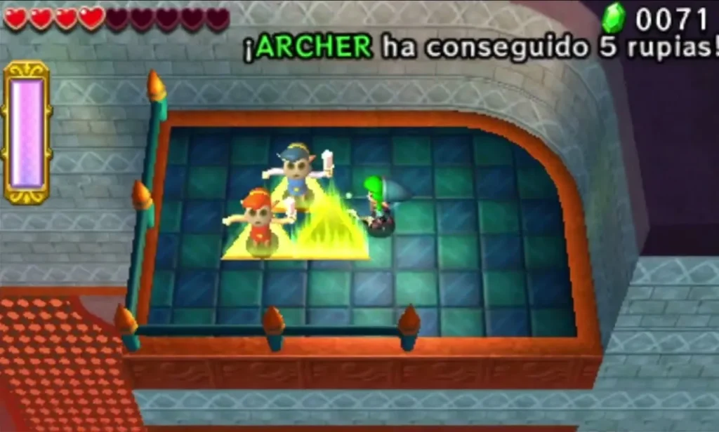 Three Links stand on a glowing yellow platform in a Dragon Citadel room while a box reports a Rupee pickup