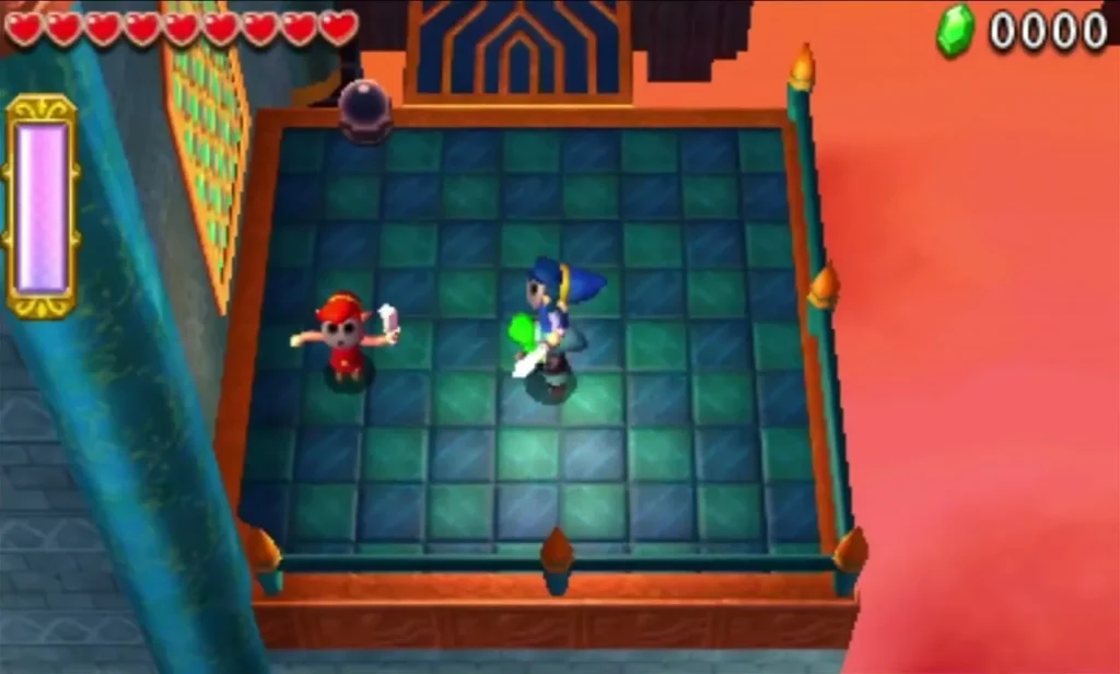 Links stand on a teal tiled floor in the Dragon Citadel, with red sky and tower walls beyond