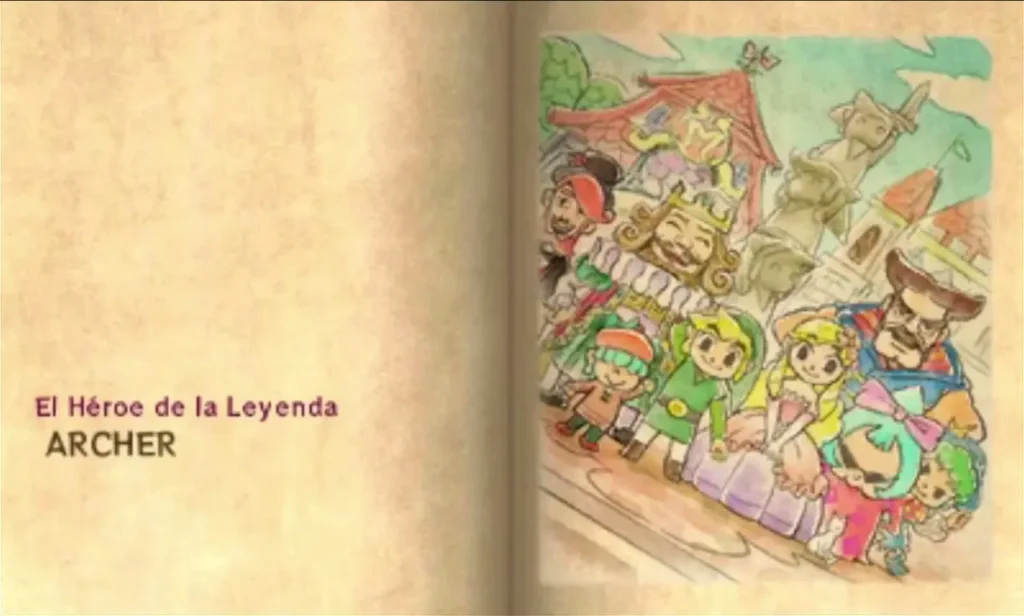 A storybook spread with a credit reading El Heroe de la Leyenda ARCHER, drawn with the Links and their friends