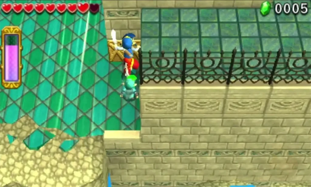 Two Links beside a grated wall in the green-tiled Deception Castle stage 1 room