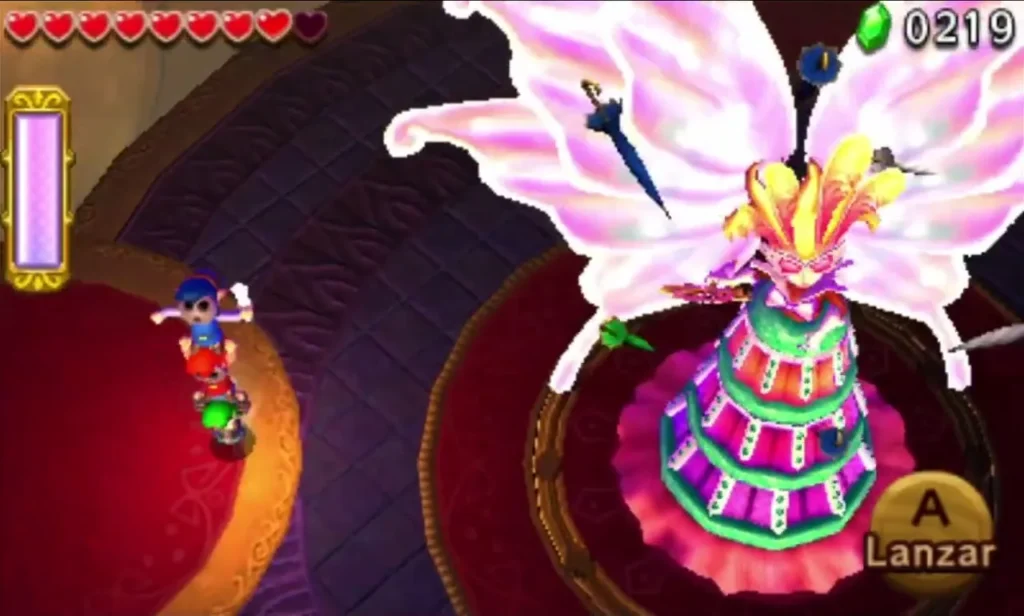 Lady Maud spreads the pink wings of her dress above the arena as a Link watches from the edge