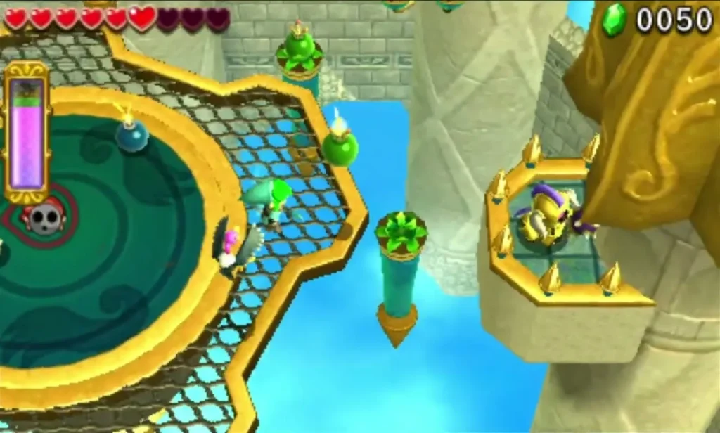 Enemies stand on a distant golden platform across the water, out of reach from the spinning ring