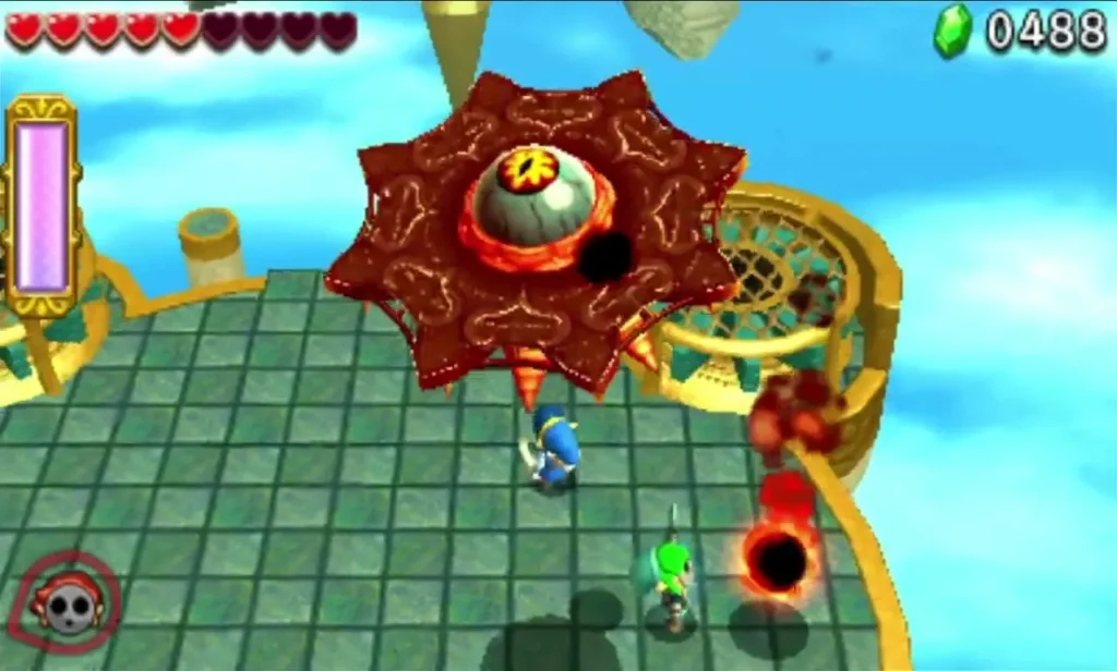 The red Gigaleon saucer hovers over the arena with its eye facing up while a Link runs below