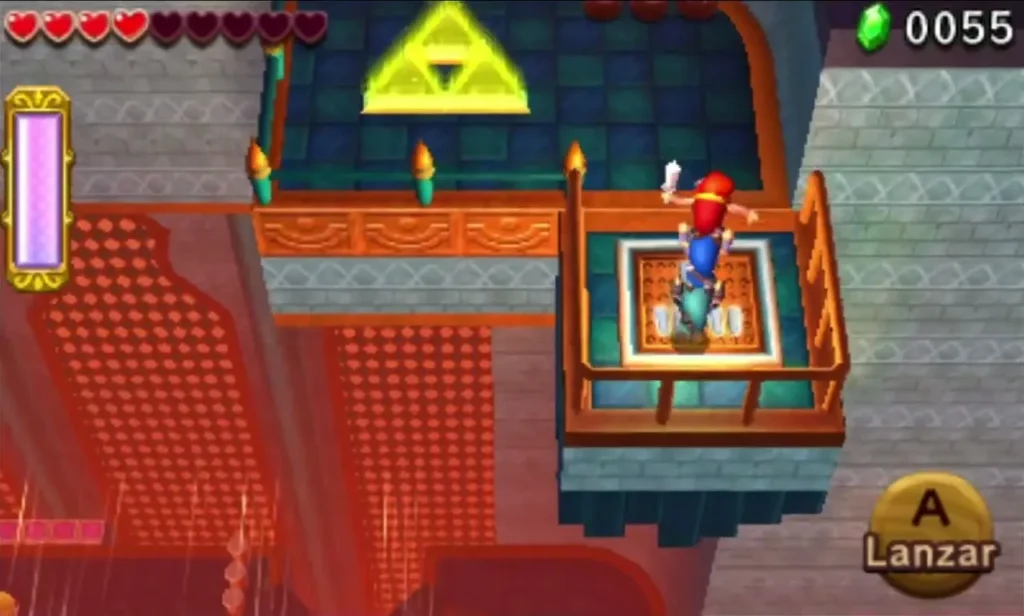 Link stands on a balcony lift below the golden Triforce Gateway in the Dragon Citadel