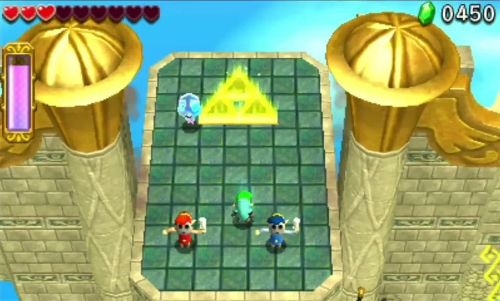 Three Links on green tiles in the golden Triforce Gateway chamber, with a blue enemy beside them