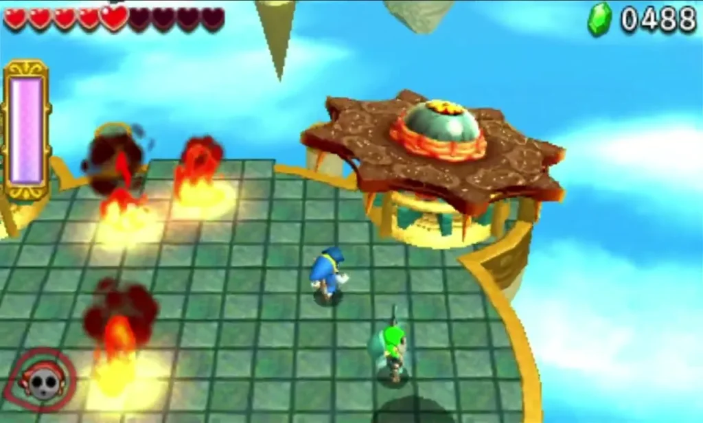 A Link below a golden Gigaleon saucer on the green-tiled arena, with a row of fire bursts on the left