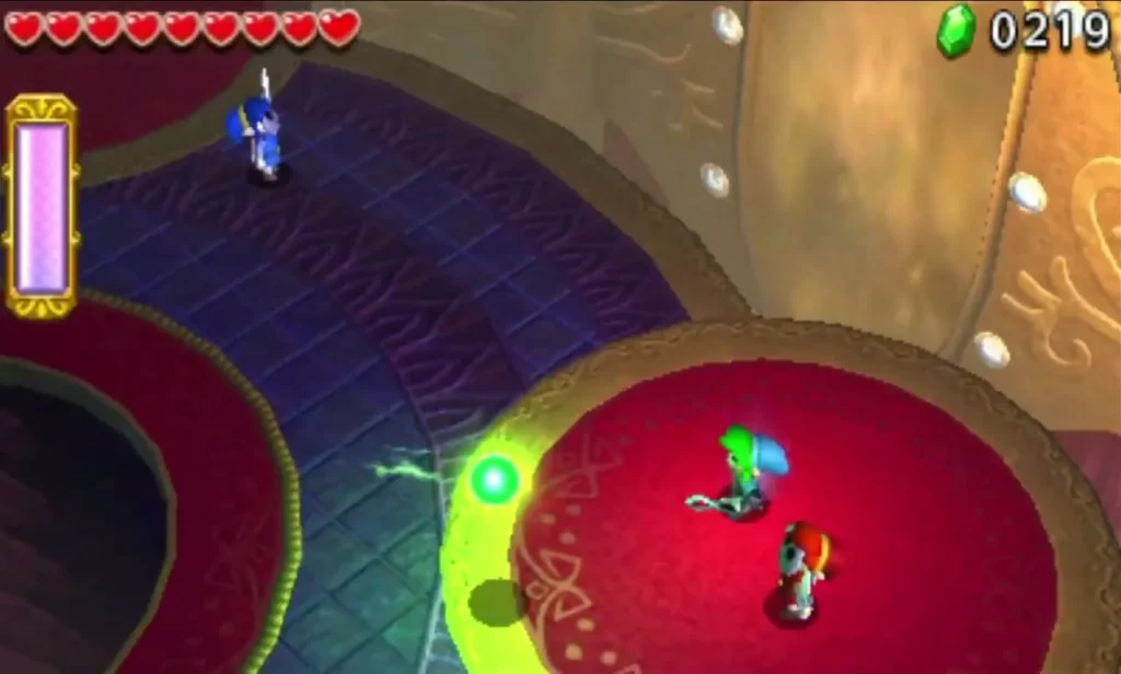 A green electric orb drifts beside a Link on the red ring of the Sky Temple arena