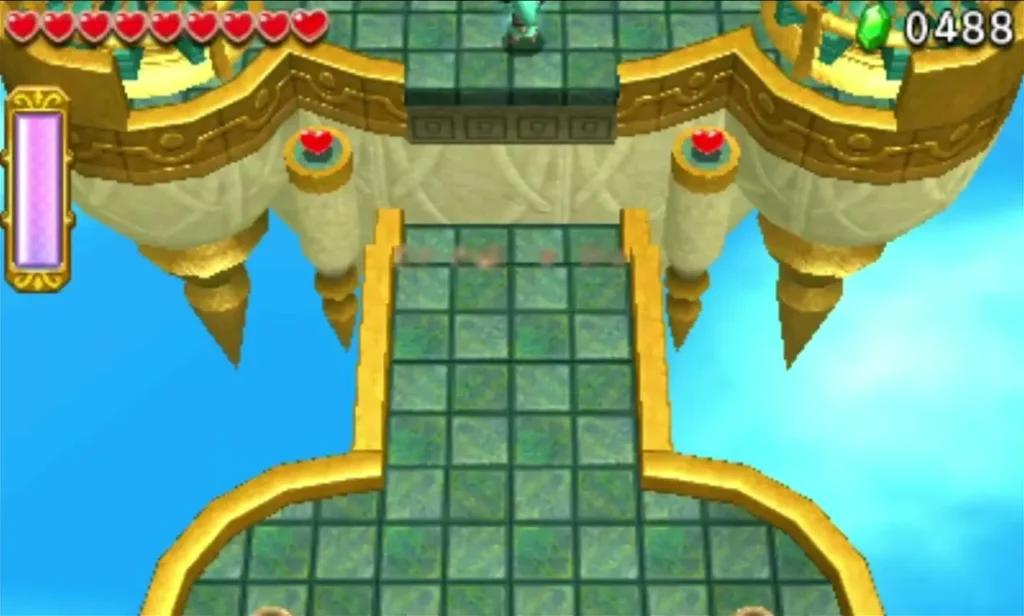Red Hearts sit on golden ledges above the stone path leading into the Deception Castle arena