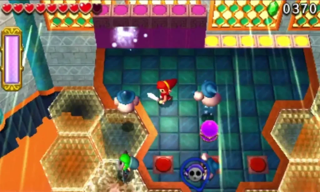 Two Links fight blue Ice Wizzrobes on a hexagonal floor near red floor switches in the Dragon Citadel