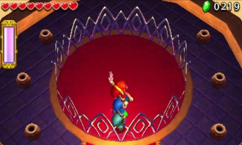 Links stand in a circular arena with a ring of barrier posts before the Lady Maud battle