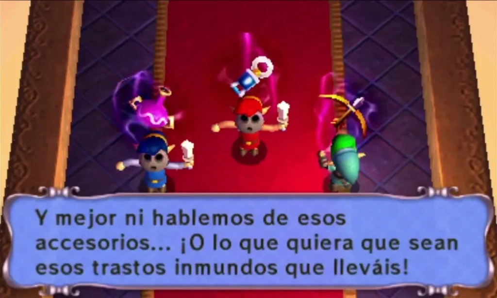 Lady Maud scolds the Links for their clothes in a dialog box on the red carpet