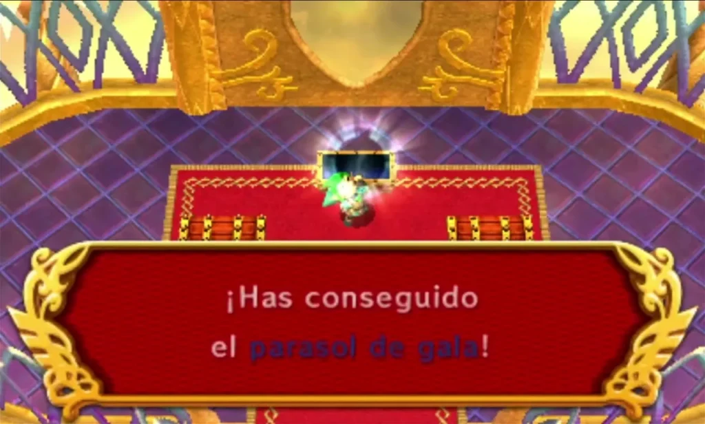 Link holds up the Lady's Parasol in the treasure room, the item name shown in a message box