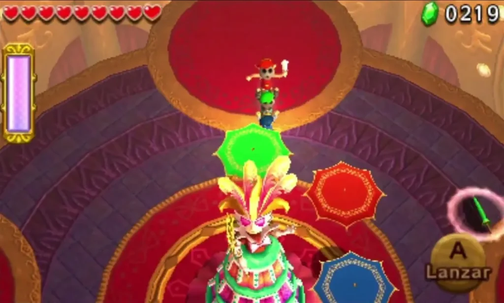 A Link stands on a green parasol above the arena, with Lady Maud and other parasols below