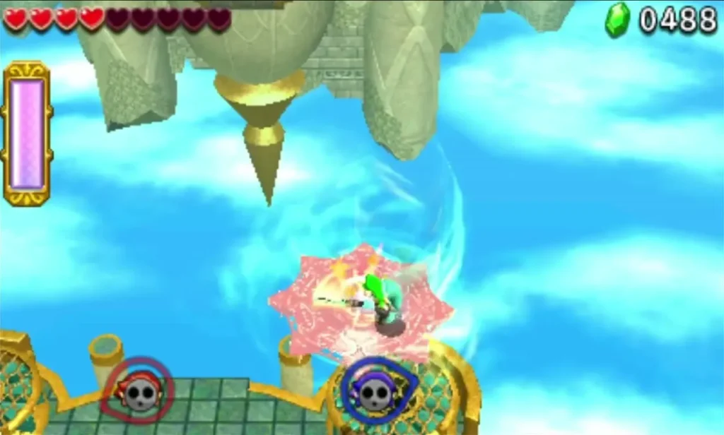 A Link rides a blue twister up toward the red saucer above the Deception Castle arena