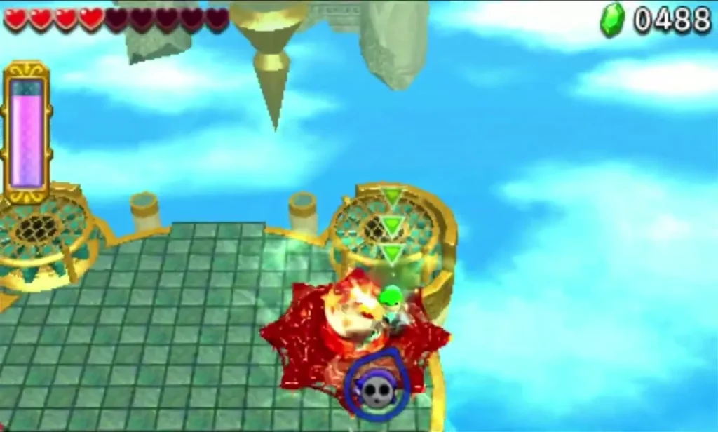 Links strike the flipped red Gigaleon saucer on the green arena, its spiked edge glowing red