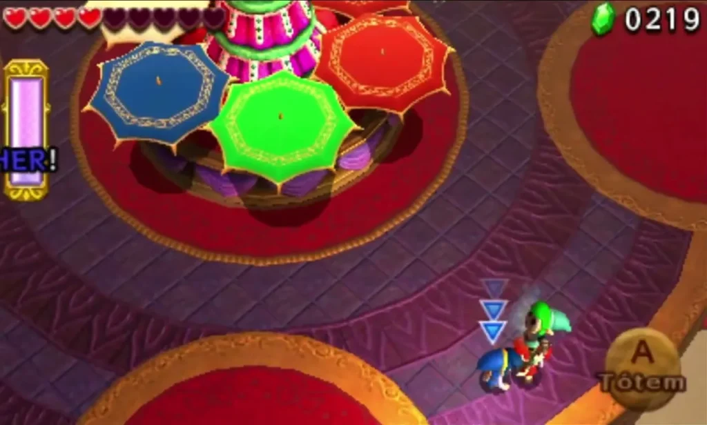 Two Links on the arena floor with a Totem prompt on screen, green and blue parasols above them