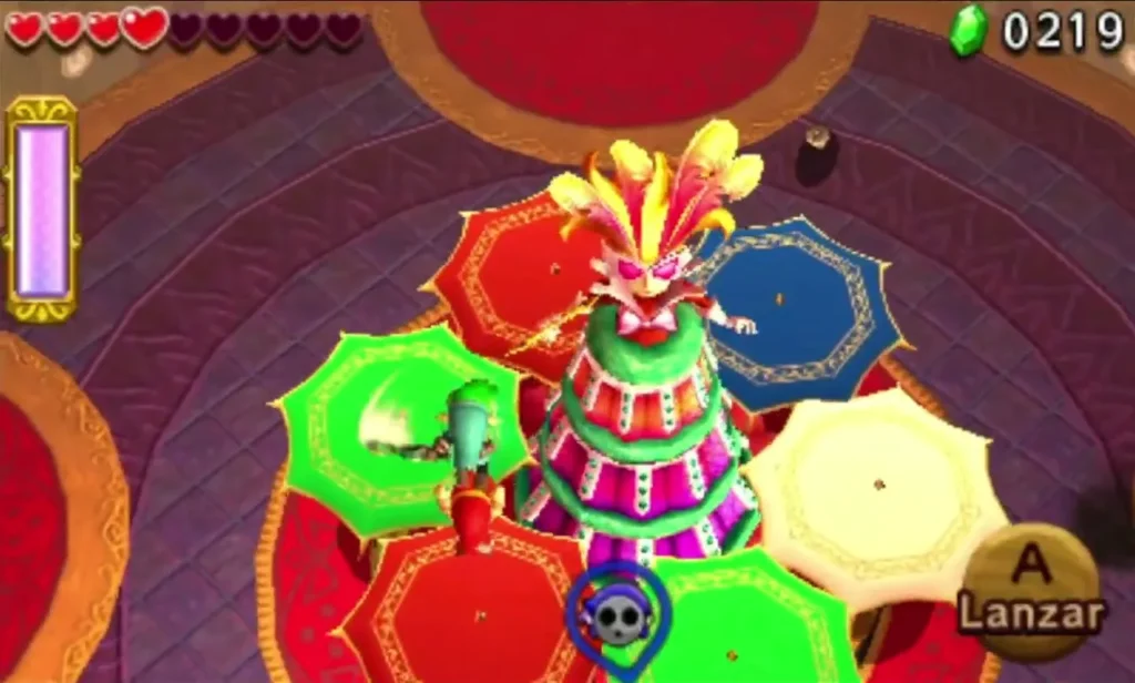 Lady Maud stands among open green, red and blue parasols with a Link below