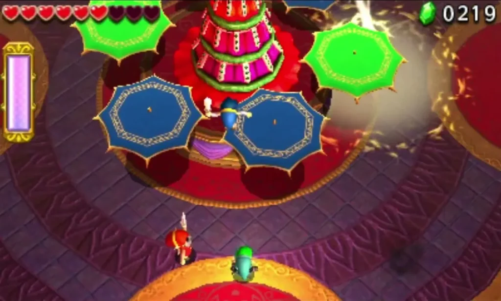 Lady Maud's blue and green parasols hang around the arena while sparks fly from the platform