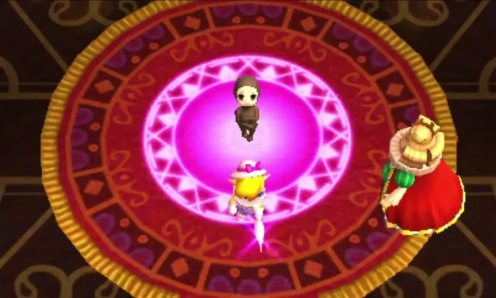 A pink magic circle glows on the red carpet of Pasarella castle around Princess Styla