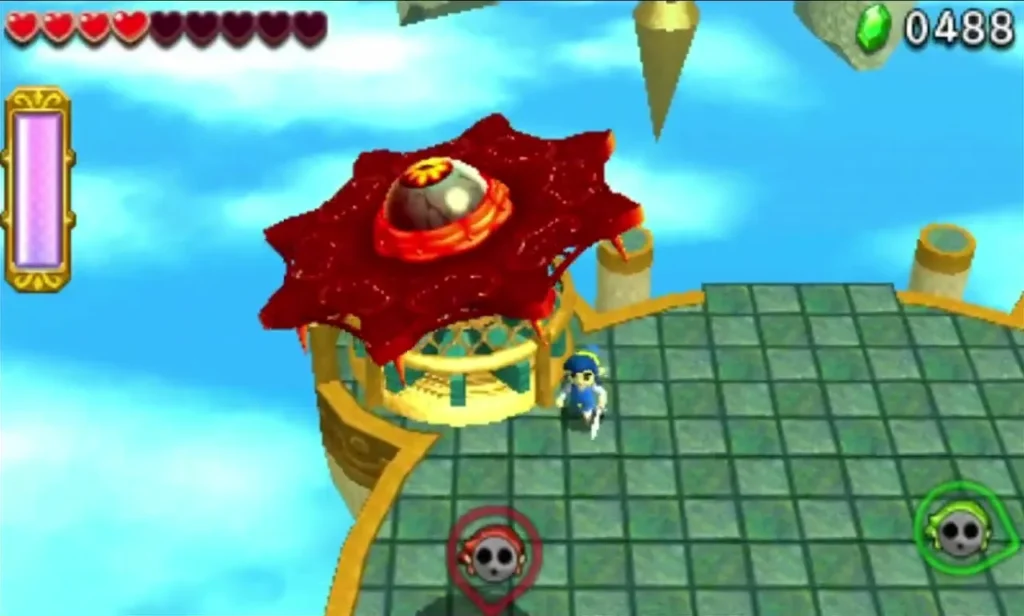 The red Gigaleon saucer hovers above the arena with its eye facing up, a Link standing at the edge below