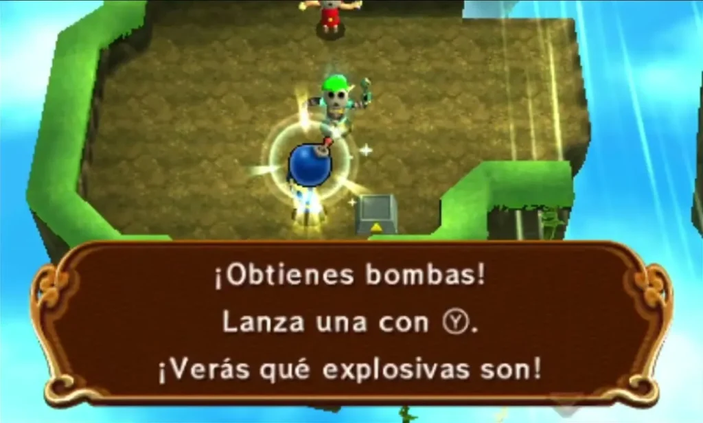 Link raises a Bomb from its pedestal while the box explains the throw button