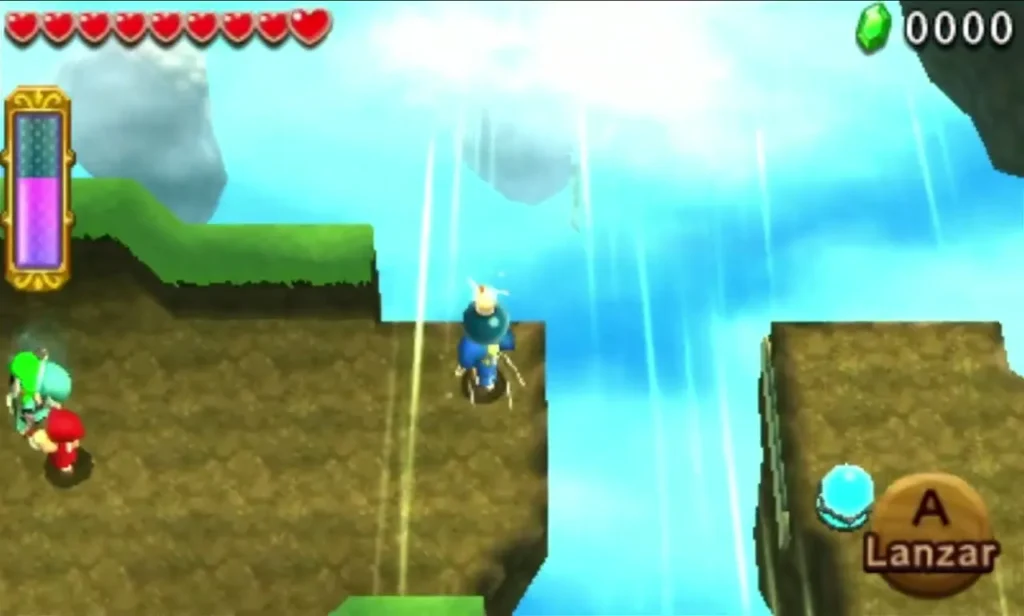 A Link with the Bow stands on a ledge above a wind-blown gap between Sky Realm islands