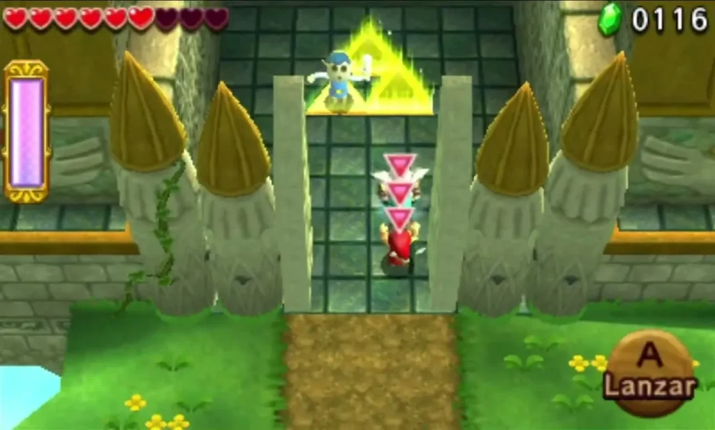 Links stand before the castle doors with golden light glowing above them in the Sky Realm