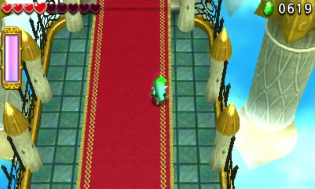 A green Link walks a red-carpeted corridor between gold-capped pillars in the Deception Castle