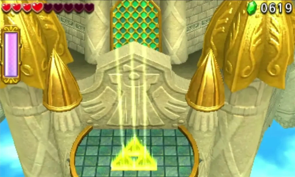 A glowing Triforce shines between gold-capped pillars and a green lattice window in the Deception Castle