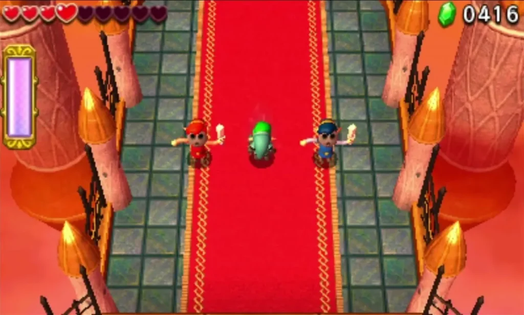 Three Links walk a red-carpeted hall lined with torches and orange stone walls in the Dragon Citadel