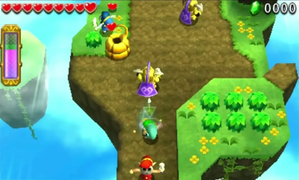 Links fight a golden-armored Sky Soldier on the grassy island with patches of green bushes