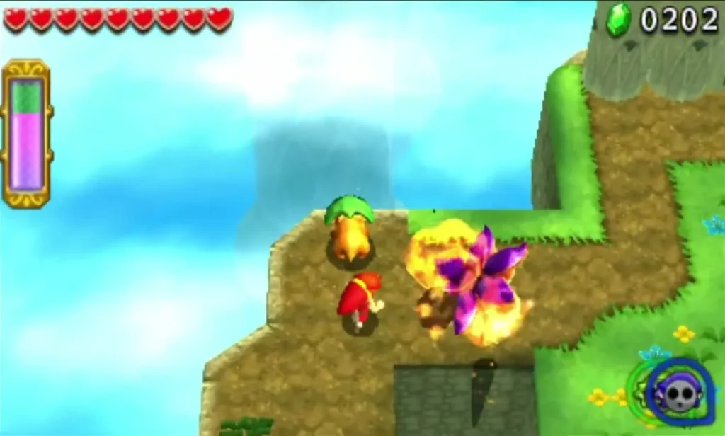 Link fights a Fire Keeleon on a grassy ledge in the Sky Realm garden