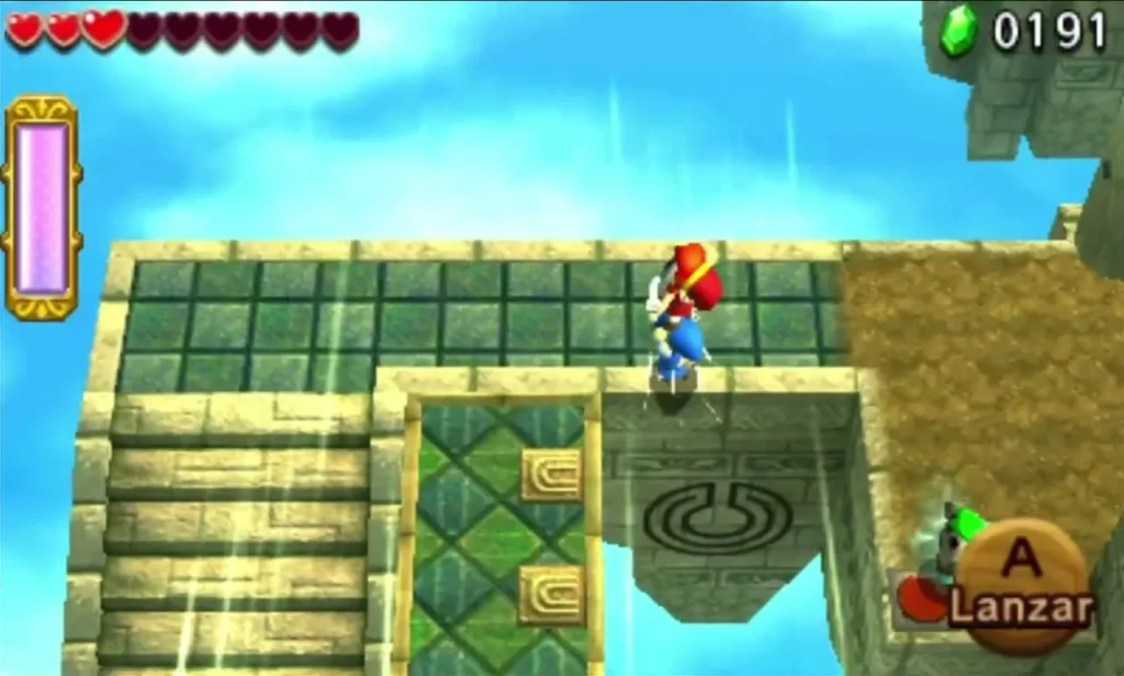 Link stands before green-tiled stone steps and a carved floor panel near the locked door