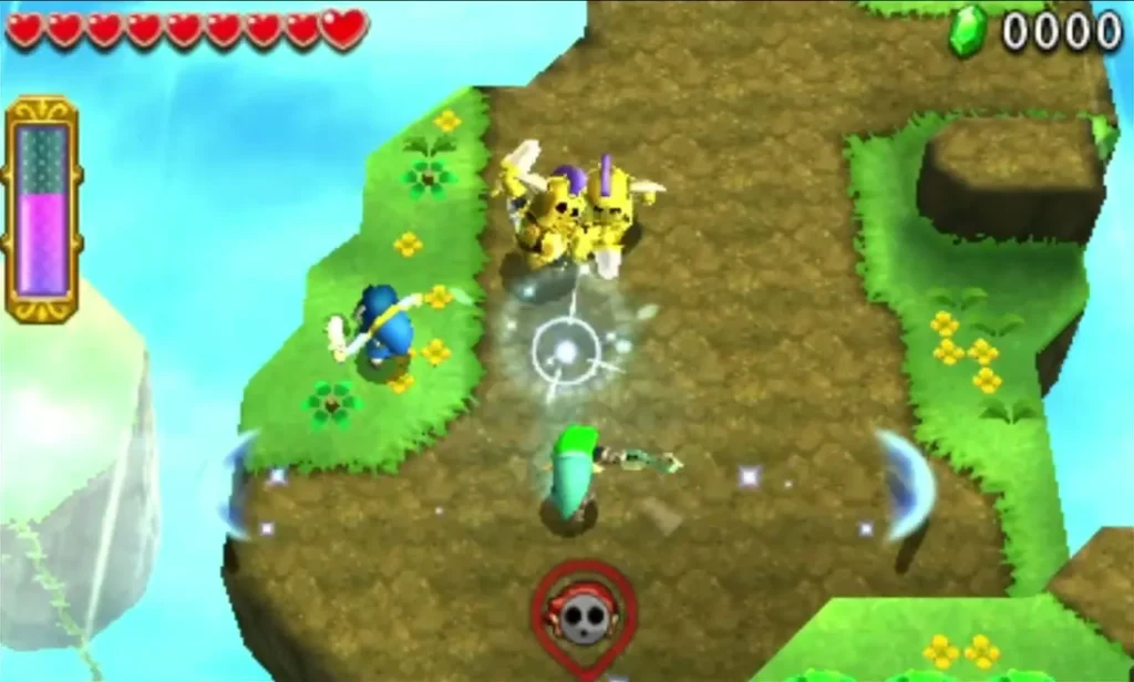 Link fights yellow-armored Sky Soldiers on a grassy island in the Sky Realm